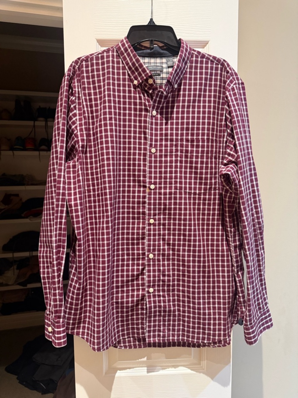 Van Heusen Men's Burgundy and White Plaid Button-Down Shirt